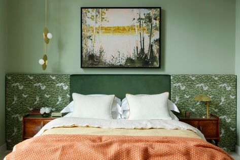 Funky Headboards, Green Room Ideas, Patterned Headboard, Green Room Ideas Bedroom, Nyc Bedroom, Headboard With Shelves, Sage Green Bedroom, Modern Headboard, Loft Bedroom