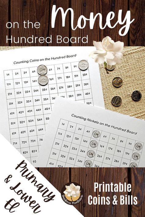 These printable worksheet charts are the perfect intro to skip counting coins. Kids place coins on the value possibles for that coin up to one dollar. The control charts are a great visual way to show equivalency between coins, a critical skill for fully understanding money. The charts are ideal for kindergarten, 1st, 2nd, and 3rd grades in the classroom or remote distance learning. Printable coins and dollar bills are included for working at home or in large group lessons. Check it out! Kids Counting, Montessori Activities Preschool, Math Bulletin Boards, Kindergarten Math Center, Counting For Kids, Counting Coins, Money Lessons, Hundreds Chart, Montessori Preschool