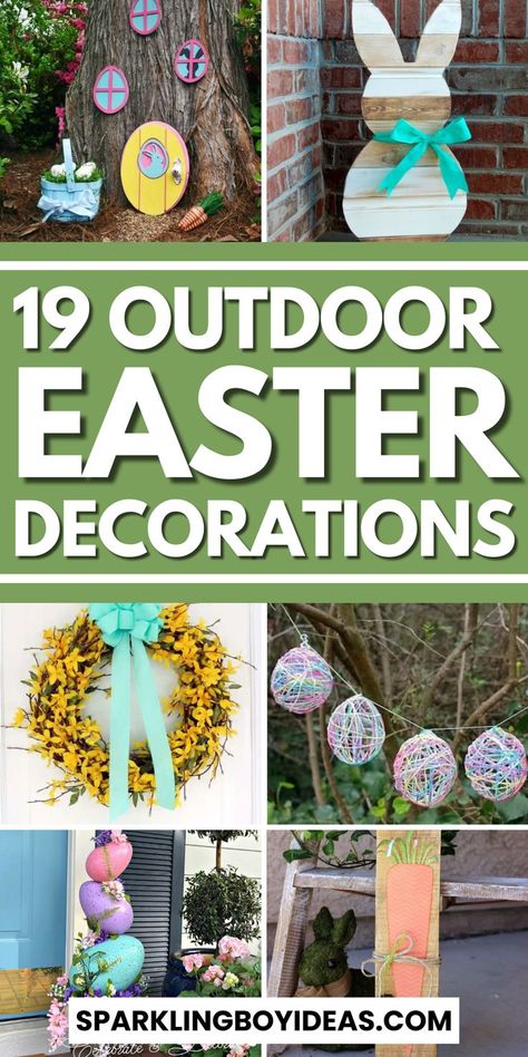 Embrace the season with DIY outdoor Easter decorations, featuring DIY Easter decor ideas to brighten your space. Discover creative easter crafts from DIY Easter porch decor to elegant Easter yard decorations. From adorable Easter bunny decorations and colorful Easter egg decorations. Add a touch of charm with Easter wreaths for front doors and Easter topiary. Whether you're hosting an Easter party or simply celebrating the season, our Spring decor ideas are perfect for your outdoor space. Easter Garden Decorations Diy Projects, Easter Decor For Front Porch, Front Porch Easter Ideas, Front Yard Easter Decor, How To Decorate For Easter, Easter Ideas Decoration Outdoors, Diy Outdoor Easter Decor, Outdoor Easter Basket Ideas, Easter Mailbox Decor