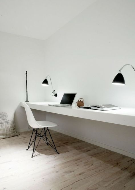 A pair of wall mounted Bestlite BL6 Wall Lamps serve as task lamps in a Copenhagen home office designed by Norm.Architects. Diffuse light fr... Penthouse Interior, Minimalist Home Office, Interior Minimalista, Black And White Interior, White Office, Norm Architects, Workspace Inspiration, Interior Modern, White Desks