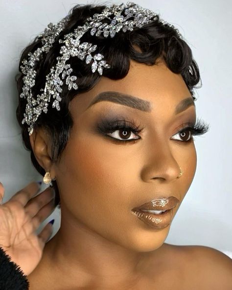 Finger Waves Wedding Hair Black Women, Short Hair Bride Black Women, Short Wedding Hair Black Women, Wedding Hairstyles For Short Hair Black Women, Wedding Headpiece Short Hair, Finger Waves Wedding, African American Bride Hairstyles, Pixie Wedding Hair, Short Bridal Hair