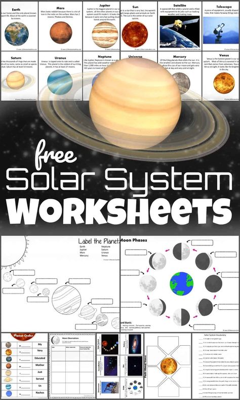 Kids will have fun learning about our solar system with these free printable Solar System Worksheets for kids.  You’ll find solar system vocabulary, planets, sun, stars, moon phases, and so much more! These free worksheets are great for Kindergarteners, grade 1, grade 2, grade 3, grade 4, grade 5, and grade 6 students. Planet Worksheets Free Printable, Solar System Printables, Solar System Lessons, Solar System Coloring Pages, Planets Activities, Solar System Projects For Kids, Solar System Unit, Solar System Worksheets, Solar System Activities