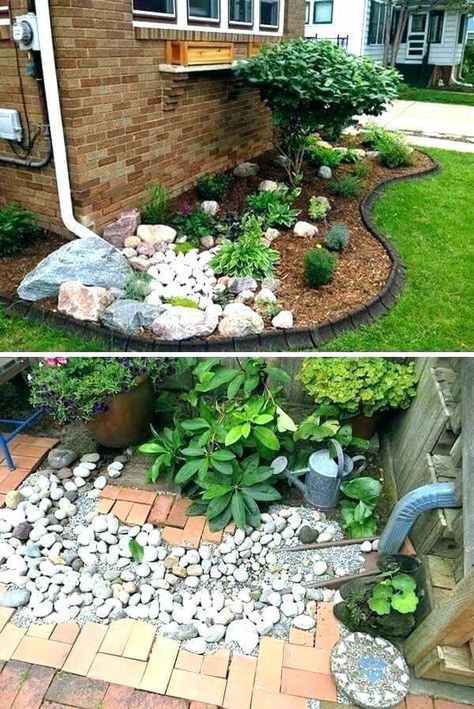 Downspout splash block | Best Downspout landscaping ideas #downspout #downspoutlandscape #landscapingideas #farmfoodfamily Downspout Landscaping, Gravel Garden, Rock Garden Landscaping, Garden Yard Ideas, Landscaping Tips, Diy Landscaping, Diy Garden Projects, Kew Gardens, Front Yard Landscaping Design