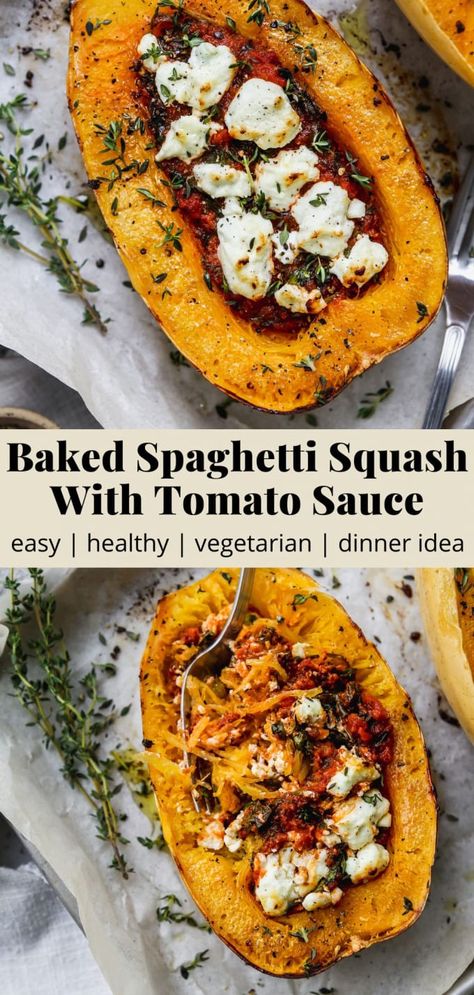 Baked Spaghetti Squash With Tomato Sauce | Walder Wellness, RD Spaghetti Squash Recipes Vegan, Walder Wellness, Healthy Squash Recipes, Easy Baked Spaghetti, Spaghetti Squash Recipe, Cooking Spaghetti Squash, Vegetarian Spaghetti, Vegan Spaghetti, Baked Spaghetti Squash