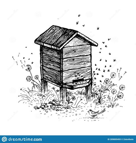 Illustration about Bee hive drawing. A collection of farm products. Black and white vector drawing. Retro drawing vintage graphics. Illustration of hive, insect, food - 209005493 Bees Hive Drawing, Honey Bee Hive Drawing, Beehive Drawing Illustrations, Bee Hive Drawings, Bee Hive Illustration, Hive Drawing, Bee Hive Tattoo, Hive Illustration, Bee Hive Art