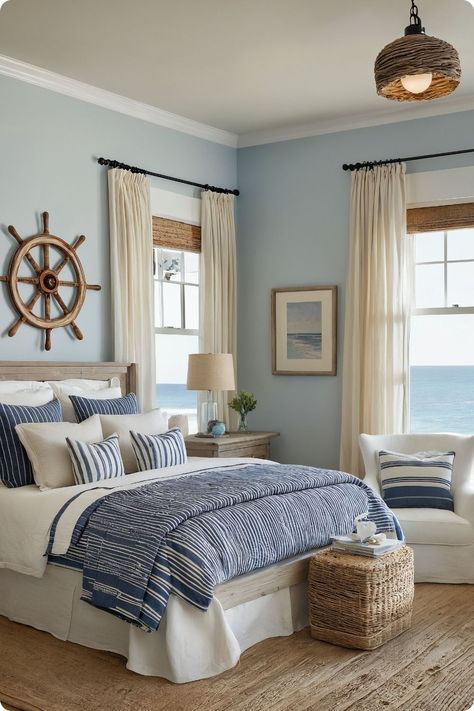 15 Inspiring Blue and Cream Bedroom Ideas: A Perfect Blend of Serenity and Style – Cabin Nook Lake House Bedroom Decor Master Suite, Blue And Cream Bedroom Ideas, Lake House Bedroom Ideas, Lake House Bedroom Decor, Blue And Cream Bedroom, Cream Bedroom Ideas, Sea Of Tranquility, Cream Bedroom, Lake House Bedroom