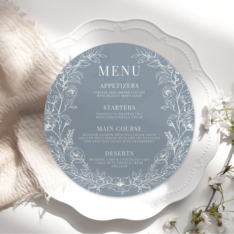 Round Wedding Menu Cards, Wedding Themes Outdoor, Aquarium Wedding, Wedding Dining, Appetizer Menu, Chocolate Wedding Cake, Rustic Blue, Dusty Blue Weddings, Wedding Menu Cards