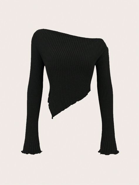 Black Casual Collar Long Sleeve Fabric Plain  Embellished Slight Stretch  Women Clothing Shein Ezwear Outfits, Black Asymmetrical Top, Asymmetrical Long Sleeve Top, Cute Long Sleeve Tops, Stylish Tops Fashion, Off The Shoulder Shirts, Tops For Women Stylish, Cotton Tops Designs, One Shoulder Shirt