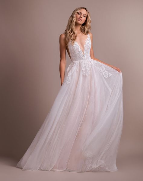 Hayley Paige bridal gown - Ivory silk crepe A-line bridal gown, Moroccan beaded illusion detail with deep sweetheart neckline and low open back, full crepe skirt with pockets. Hailey Paige Wedding Dress, Hailey Page, Deep V Wedding Dress, V Wedding Dress, Hailey Paige, Paige Wedding Dress, Hayley Paige Dress, Hayley Paige Wedding, Wedding Dresses Kleinfeld