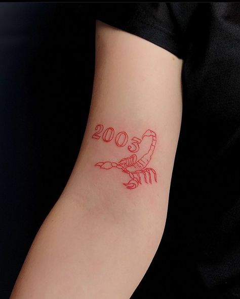 Red tattoo • fine line tattoo • 2003 • Scorpio Made In 2003 Tattoo, Scorpio Inspired Tattoo, Scorpio Tattoo Red Ink, Tattoos For Scorpio Women, Red Scorpio Tattoo, Scorpio Finger Tattoo, Scorpio Line Tattoo, Scorpio Outline Tattoo, Scorpio Tattoo Feminine