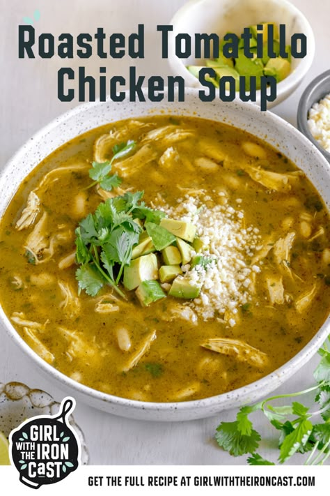 White Bean Chicken Soup, Bean Chicken Soup, Bone In Chicken Breast, Tomatillo Chicken, Tomatillo Recipes, Creamy White Beans, Mexican Favorites, Mexican Soup Recipes, Roasted Tomatillo