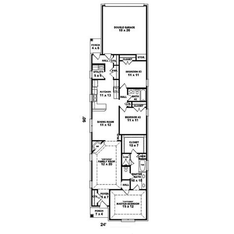 Ranch House Plan First Floor - Glenapp Narrow Lot Home 087D-1526 - Search House Plans and More Shotgun House Floor Plans, Narrow House Designs, Narrow House Plans, Narrow Lot House, Narrow Lot House Plans, Shotgun House, Courtyard House Plans, Ranch House Plan, Ranch Style House Plans