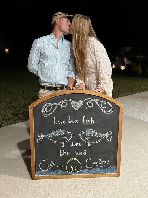 Two less fish in the sea. Rehearsal dinner chalk art. Fishing theme Fishing Rehearsal Dinner Themes, Fishing Themed Rehearsal Dinner, Beach Theme Rehearsal Dinner, Two Less Fish In The Sea, Fishing Themed Wedding, Rehearsal Dinner Themes, Fishing Couples, Fish In The Sea, Barn Weddings