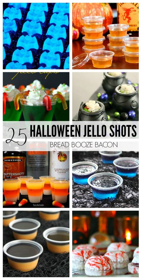 Let's get the party started with these 25 Halloween Jello Shots Recipes! We've found all kinds unique jello shots from the tame to the crazy to impress your guests! Jello Shots Recipes, Shots Recipes, Halloween Jello Shots, Halloween Jello, Bread Booze Bacon, Postres Halloween, Halloween Drinks Alcohol, Jello Shot, Jello Shot Recipes