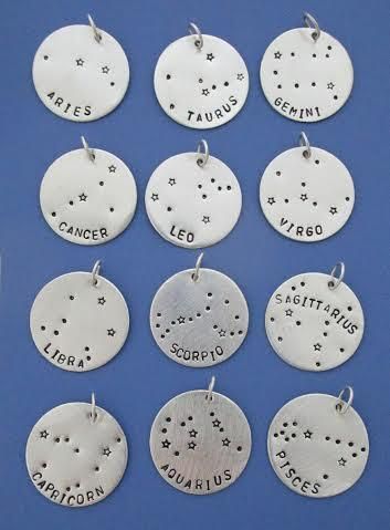 a sweet way to wear your zodiac sign. These have little stamped star constellations! Zodiac Stamped Jewelry, Metal Stamping Ideas, Metal Stamping Jewelry, Stamp Necklace, Metal Stamping Diy, Virgo Constellation Tattoo, Zodiac Constellation Necklace, Distance Love, Stamped Necklaces