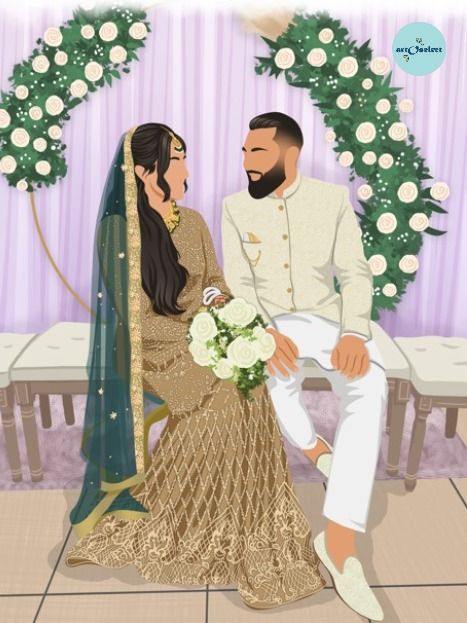 Islamic wedding art Pakistani Couple Illustration Wedding, Premium Wedding Invitation, Groom Cartoon, Baat Pakki, Graphic Wedding Invitations, Bride Fashion Illustration, Couple Illustrations, Wedding Illustration Card, Couple Illustration Wedding