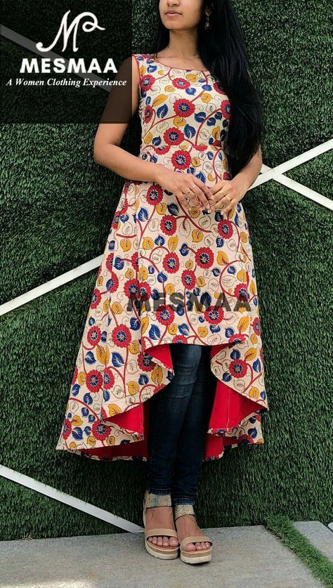 High And Low Kurti Design, High Low Anarkali Dresses, Kurti Tops Designs, Kalankari Frocks Designs Latest, Kalamkari Tops Designs, High Low Kurti Designs Party Wear, Up Down Kurti Designs, Kalamkari Churidar Designs, Model Kurti Designs