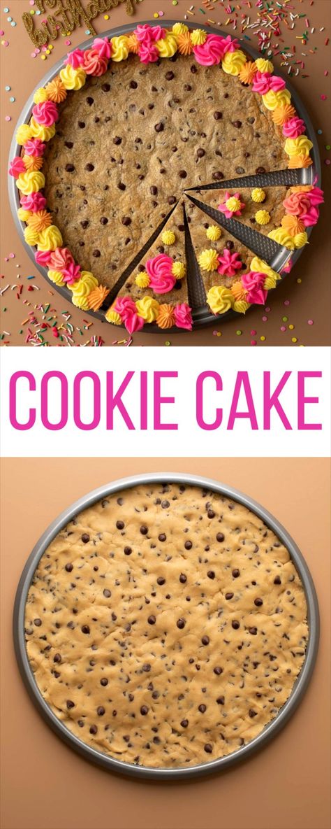 giant homemade chocolate chip cookie cake with icing and sprinkles Cookie In A Cake Pan, Cute Homemade Pizza, Making A Large Cookie Cake, Cookie Cake From Package, Cookie Pizza Birthday, Chocolate Chip Cookie Sheet Cake, Easy Diy Cookie Cake, Diy Cookie Cake Birthdays, Homemade Cookie Cake Icing