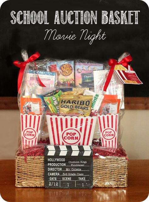 School Fundraiser - Auction Basket - Movie Night - Sources listed on post Keepingmycents.blogspot.com School Auction Baskets, Silent Auction Gift Basket Ideas, Movie Basket, Movie Basket Gift, Movie Night Basket, Auction Gift Basket Ideas, Fundraiser Baskets, Theme Baskets, Movie Night Gift Basket