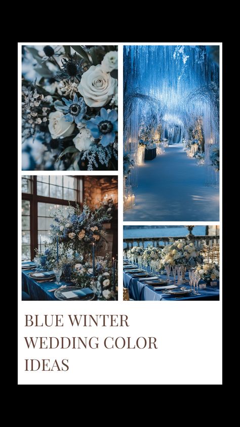 Elegant blue winter wedding color palette for a magical winter wedding theme with navy blue, blue and green, and frozen-inspired shades. Blue Winter Wedding Ideas, Blue And Green Wedding Colors, Navy Blue Winter Wedding, Blue And Green Wedding, Blue Color Palettes, Wedding Color Schemes Winter, Winter Wedding Color Ideas, Wedding Color Schemes Blue, Winter Wedding Color Palette