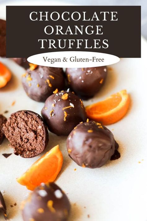 These Vegan Dark Chocolate Orange Truffles are rich and decadent! The center filling is thick and fudgy, and completely coated with a chocolate layer topped with fresh orange zest and flaky sea salt! Plus they're made with simple, wholesome ingredients like orange puree, coconut flour, and dark chocolate. Dairy Free Truffles, Chocolate Orange Truffles, Orange Truffles, Brownie Vegan, Truffles Chocolate, Dessert Christmas, Vegan Truffles, Treats Christmas, Biscuits Diététiques