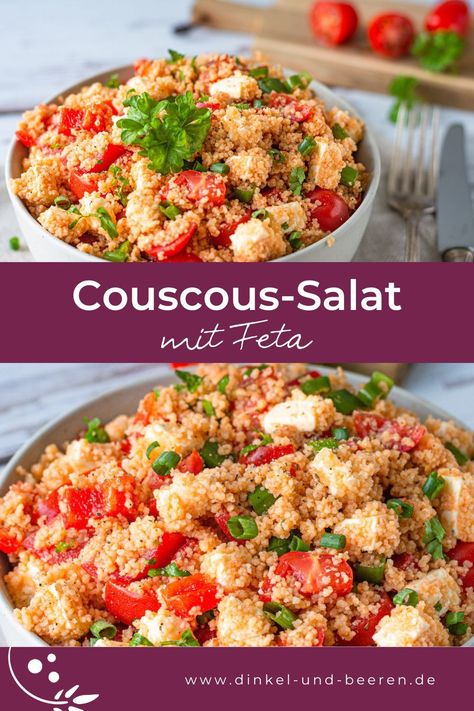 Schneller und einfacher Couscous-Salat mit Feta, Paprika, Cherrytomaten und Tomatenmark-Dressing. Couscous Meal Prep, Couscous Salad Recipes, Couscous Salat, Couscous Recipes, Couscous Salad, Food Inspo, Couscous, Veggie Recipes, Quick Meals