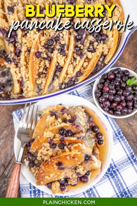 Blueberry Pancake Casserole Recipe - this is seriously delicious! Frozen pancakes, blueberries eggs, heavy cream, milk, vanilla, brown sugar, flour, oats, and melted butter. Can assemble the casserole ahead of time and refrigerate it before baking. Great for an easy weekday or weekend breakfast, brunch, overnight guests, and holiday mornings! Blueberry Pancake Casserole, Frozen Pancakes, Maple Bacon Cinnamon Rolls, Blueberry Pancakes Easy, Pancake Casserole, Bacon Cinnamon Rolls, Fruit Salad With Pudding, Freeze Pancakes, Blueberry Pancake