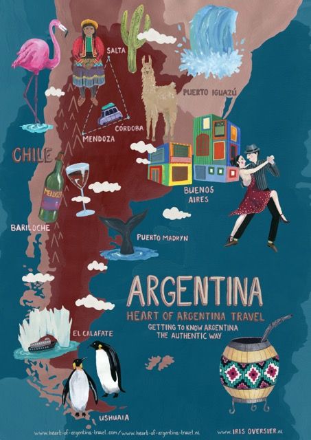 Getting to know Argentina the authentic way - Heart of Argentina Travel (thank you irisoversier.nl for the great illustration) Travel Map Illustration, Argentina Design, Argentina Art, Map Illustration, Argentina Travel, Illustration Ideas, Ushuaia, Country Maps, Travel Map