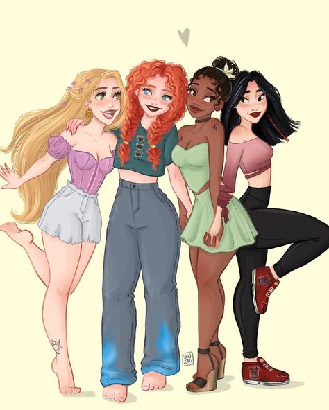 Princess Morbucks Fanart, Disney Princess Modern Drawing, Disney Princess Besties, Modern Day Disney Princesses, Disney Princesses Together, Princess Oc Art, Twin Ocs, Modern Disney Princess, Drawing Friends