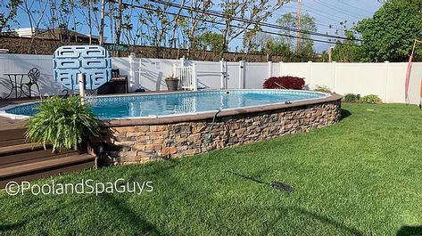 Pool & Spa Guys Semi-Inground Swimming Pools Pool Deck Privacy, Semi Inground Pool Deck, Semi Above Ground Pool, Deck Gardening, Deck Above Ground Pool, Farmhouse Pool, Semi Inground Pool, Small Inground Pool, Above Ground Pool Deck