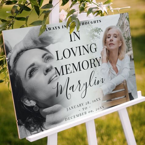 'In Loving Memory' Memorial Before & After Photo Foam Board  Zazzle Graveside Decorations Diy Memorial, Diy Memorial Ideas For Loved Ones, Celebration Of Life Centerpieces, Memorial Urn Display, Memorial Board, Condolence Flowers, Heart Shaped Photo Collage, Urn Arrangements, Handwritten Calligraphy