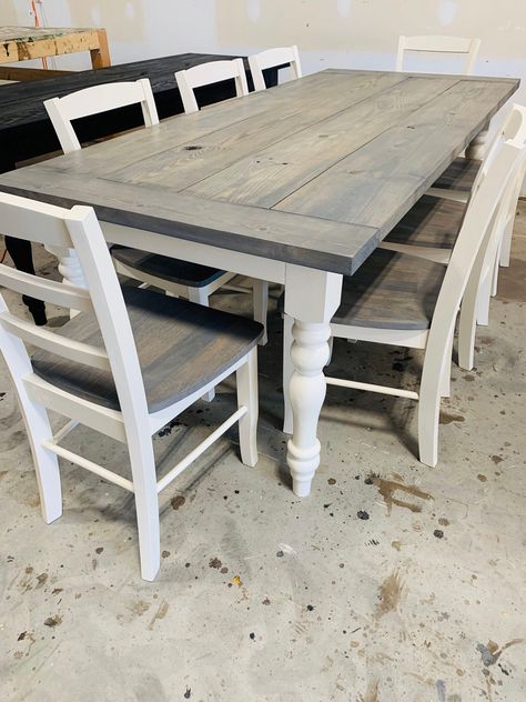 7ft Rustic Farmhouse Table with Turned Legs, Chair Set Classic Gray Top and Antique White Base, Wooden Dining Table Dining Table Color Ideas, Grey Kitchen Table, Farmhouse Style Kitchen Table, Farmhouse Dining Table Set, Farmhouse Style Dining Table, Kitchen Table And Chairs, Farmhouse Table Setting, Farmhouse Table With Bench, White Kitchen Table