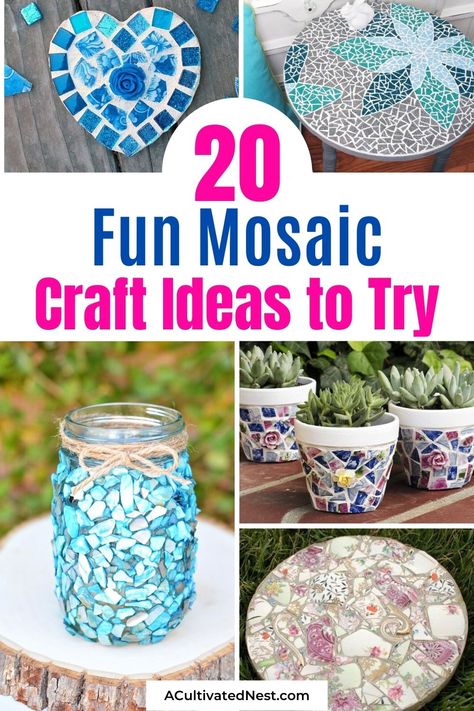 20 Fun Mosaic Craft Ideas- Mosaics DIYs are a fun way to make some really unique décor for you home. Get inspired with these fun mosaic craft ideas! | #mosaics #crafts #diyProjects #DIY #ACultivatedNest Mosaic Tiles Diy, Easy Mosaic, Design Garden Ideas, Mosaic Tiles Crafts, Mosaic Birdbath, Mosaic Art Diy, Mosaic Tile Patterns, Mosaic Rocks, Mosaic Flower Pots