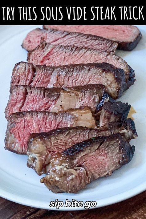 Mastering sous vide cooking?? Here's a new one to try: sous vide boneless ribeye with mayo sear. The mayo sear leaves this steak with a tasty crust as well as extra flavor and juiciness you’ll love. | https://sipbitego.com/sous-vide-boneless-ribeye-steak #sousvide #sousvidecooking #steak #ribeye #sousvidesteak Sous Vide Steak Recipe, Flat Iron Steak Recipes, Sous Vide Steak, Grilled Ribeye, Chopped Steak, Flat Iron Steak, Ny Strip, Perfect Steak, Seared Steak