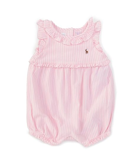 From Ralph Lauren, this romper features:Vertical stripe printRound neckline with a ruffled overlaySleeveless stylingRuffle trim at the armholesMulticolored signature embroidered pony at the left chestShirred waist with ruffle trimButtoned placket at the center backShell and lining of Oxford cottonMachine wash/tumble dryImported. Preppy Baby Girl, Preppy Baby Clothes, Baby Ralph Lauren, Ralph Lauren Pink Summer Dress, Fame Clothes, Baby Girl Clothes Newborn Pink, Preppy Baby, Ralph Lauren Baby Girl, Monogram Baby Girl