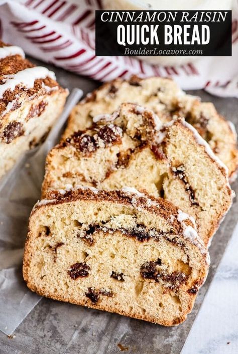 Easy Cinnamon Raisin Bread is packed with plump raisins and buttery cinnamon flavor. It's a quick bread so mix and bake! A favorite comfort foo. Regular and gluten-free options. Cinnamon Raisin Quick Bread, Raisin Quick Bread, Cinnamon Raisin Bread Recipe, Easy Quick Bread, Quick Bread Recipes Easy, Cinnamon Bread Recipe, Quick Bread Recipe, Homemade Comfort Food, Cinnamon Raisin Bread