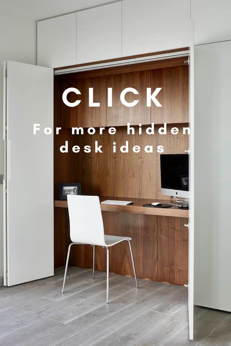 Hidden desk ideas for those working from a small home #secretdesk #hidden desk #WFM Hidden Desk Ideas, Hidden Desk, Desk Idea, Desk Wardrobe, Home Office Closet, Kitchen Desks, Closet Office, Small Home Offices, Office Nook