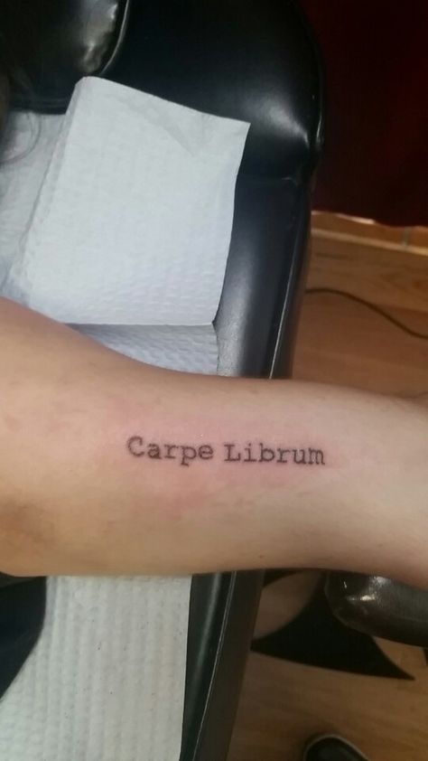 My 2nd tattoo, Carpe Librum in type writer print. Writer Aesthetic Tattoo, Book Club Tattoo, Tattoo Ideas For Writers, Writer Tattoo Ideas Writing, Type Writer Tattoo Font, Writer Tattoo Ideas, Carpe Librum Tattoo, Tattoos For Writers, Writer Tattoos