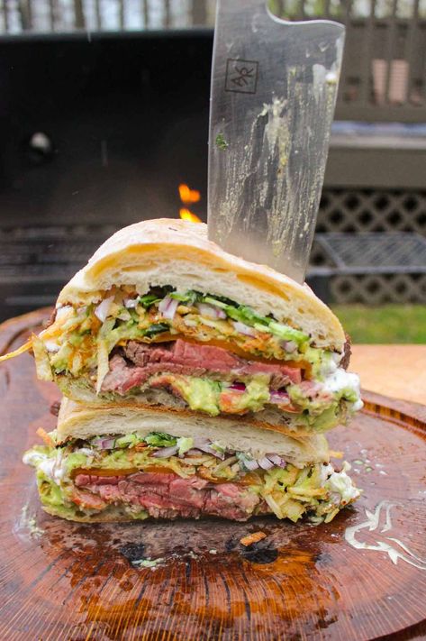 Californian Steak Sandwich - Over The Fire Cooking Steak Sandwich Recipe, Over The Fire Cooking, Steak Sandwich Recipes, Homemade French Fries, Fresh Guacamole, Steak Sandwich, Fire Cooking, Juicy Steak, Burgers Sandwiches