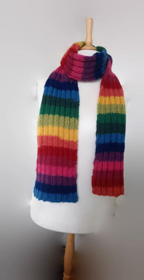 Rainbow Scarf hand knitted in lambswool | Etsy Rainbow Scarf Knit, Rainbow Scarf, Rainbow Outfit, Hand Knit Scarf, Scarf Design, Pastel Rainbow, Fashion Photoshoot, Knit Scarf, Knitted Scarf