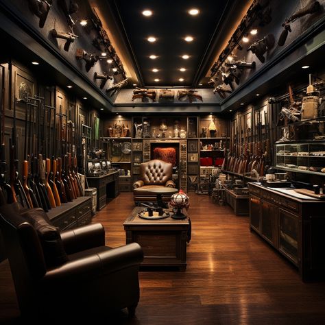 The Man Cave Tactical Room Ideas, Home Armory, Hunt Room, Bayonet Knife, Hunting Room Design, Armory Room, Classy Man Cave, Hunting Man Cave, Bourbon Room