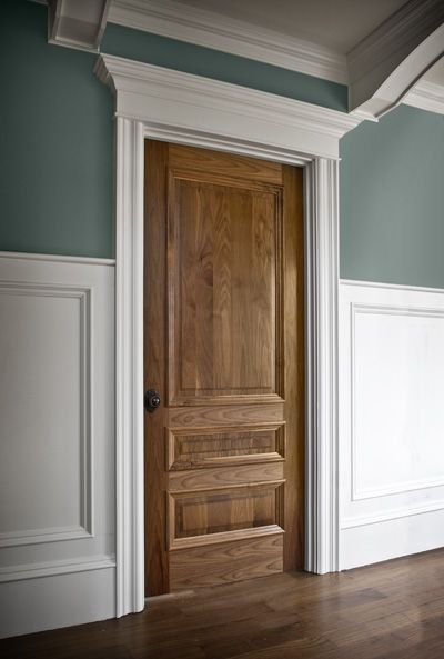 Wood Door White Trim Interior, Wood Moldings And Trim, Wood Stain Doors Interior, Stain Doors Interior, Wood Doors And Trim Interior, Solid Wood Interior Doors, Stained Bedroom Doors, Interior Stained Doors, Mixing Wood And White Trim