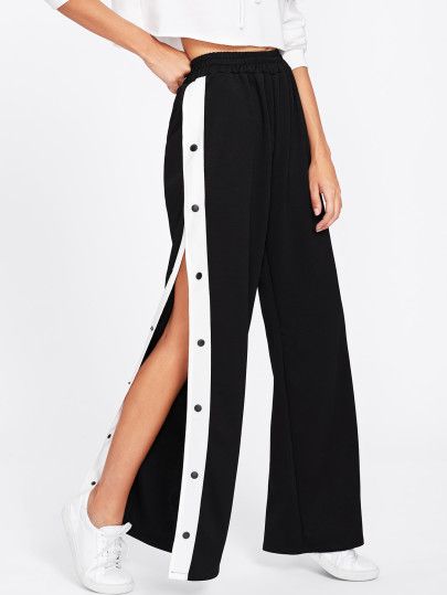 Shop Tape Button Side Wide Leg Pants online. SheIn offers Tape Button Side Wide Leg Pants & more to fit your fashionable needs. Áo Blu, Sports Track, Striped Wide Leg Pants, Casual Wide Leg Pants, Womens Casual, Girls Fashion Clothes, Teenage Fashion Outfits, Side Stripe, High Waisted Trousers