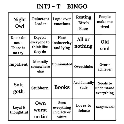 Intj Bingo Template, Intj Villain, Intj Bingo, Intj Personality Type, Mbti Intj, Character Writing, Meyers Briggs, Intj T, Bingo Template