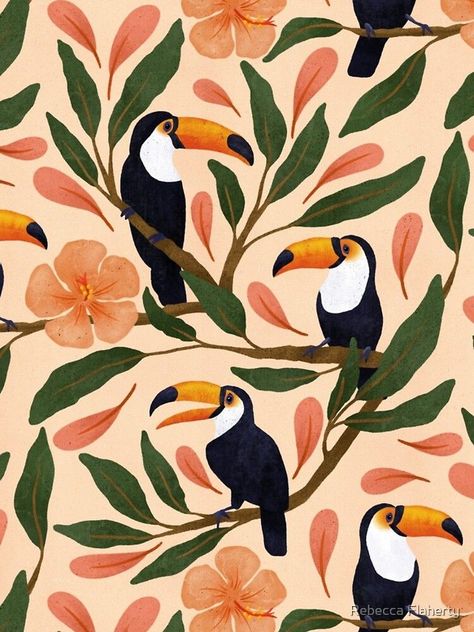 I drew this in the depths of winter while I was dreaming about the warm sunny days to come! Toucans in the Hibiscus by Rebecca Flaherty Happy Christmas Eve, Bird Wallpaper, Nature Birds, Fabric Birds, Tropical Birds, Gouache Painting, Floral Illustrations, Surface Pattern Design, Surface Pattern