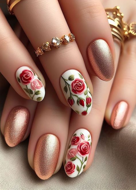 Transform your nails into a garden of delight with these white peach and red rose nail art ideas. The soft hues and vibrant roses create a charming and sophisticated look. Red Roses Nails, Red Rose Nail Art, Vintage Rose Nails, Rose Nail Design, Old Nail Polish, Red Rose Wedding, Rose Nail Art, Romantic Nails, Rose Nails