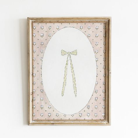 Bow Hanging Ideas Nursery, Vintage Bow Nursery, Bow Picture Frame, Bow Nursery Theme Girl, Baby Girl Bow Theme Nursery, Bow Wall Art, Preppy Baby Girl, Girls Gallery Wall, Bow Painting