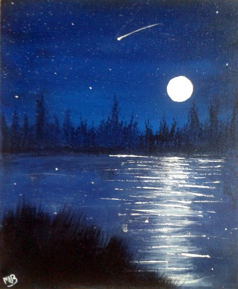 Ocean Scenery Paintings, Moon Sky Painting, Lake Painting Ideas, Landscape Paintings Night Sky, Night Time Drawing, Stars And Moon Painting, Landscape Paintings Night, Night Scenery Watercolor Painting, Night Scenery Drawing