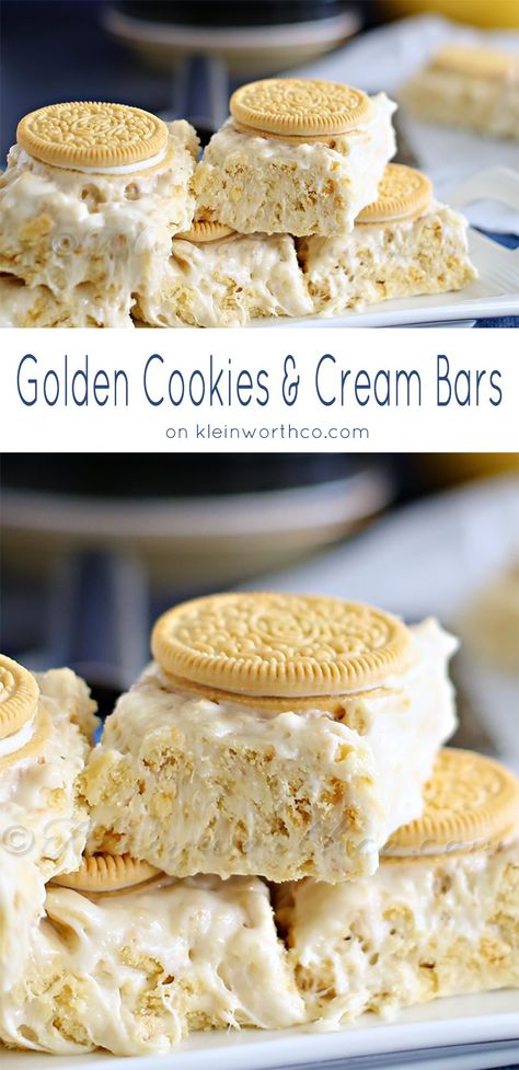 Golden Cookies & Cream Bars : Yummy Bar Recipes Cookies And Cream Bars, Golden Cookie, Bars Cookies, Golden Oreo, Krispie Treats Recipe, Cereal Treats, Oreo Recipes, Cookie Cake Recipe, Oreo Dessert