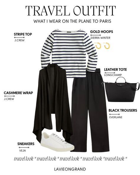 stripes and trousers paris travel outfit Europe Flight Outfit, Travel Airplane Outfit, Chic Travel Outfit, Comfortable Travel Outfit, Flight Outfit, Comfy Travel Outfit, Airplane Outfits, Travel Clothing, Travel Capsule Wardrobe